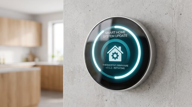 Smart home thermostat device on wall displaying system update screen, initiating firmware installation for automated temperature control in modern interior kitchen with focus.