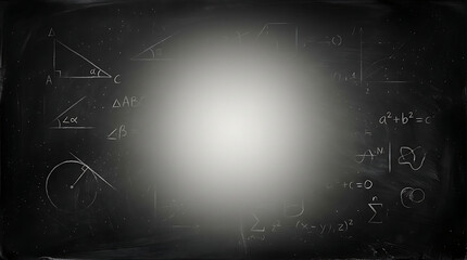 Obraz premium Mathematics formulas and geometry shapes drawn on a dark blackboard with a bright spotlight in the center