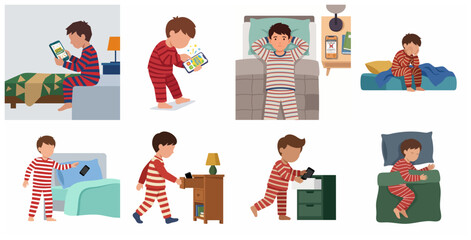 Little Boy with Smartphone Addiction and Bedtime Routine Set Illustration