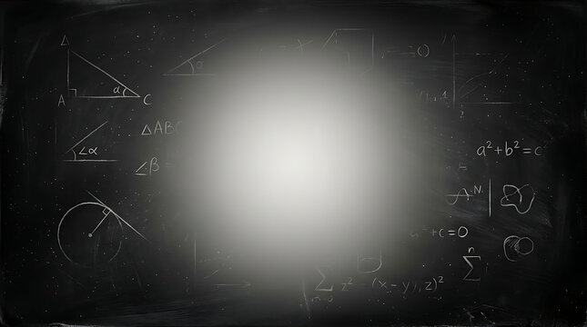 Mathematics formulas and geometry shapes drawn on a dark blackboard with a bright spotlight in the center