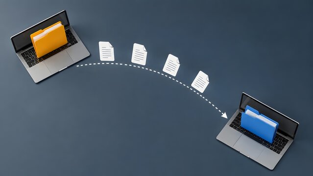 Digital file migration and secure data transfer process showing documents moving from a yellow folder on one laptop to a blue folder on another