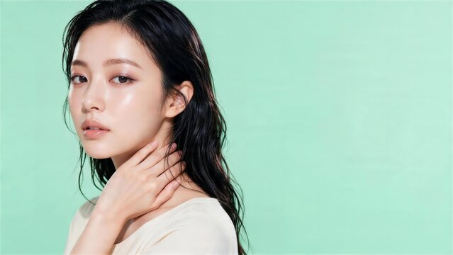 ウェーブした濡れ髪で首元に手を添える日本人女性美容モデル