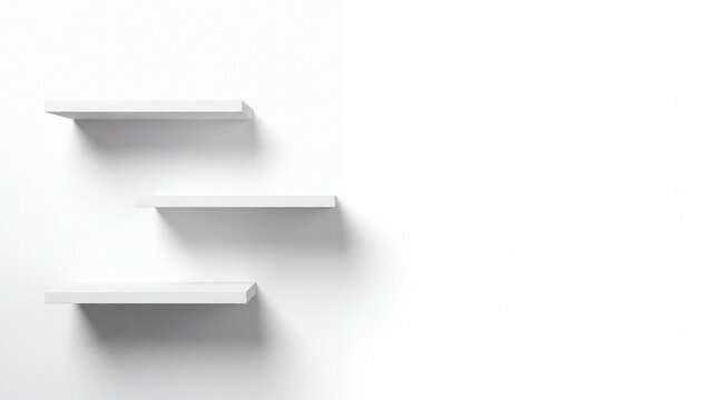 Minimalist Floating Shelves: Three clean, modern floating shelves are mounted on a stark white wall, offering a sleek and uncluttered display solution.