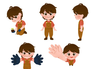 Cute cartoon boy character illustration set showing different poses, front and side views, waving, and playing