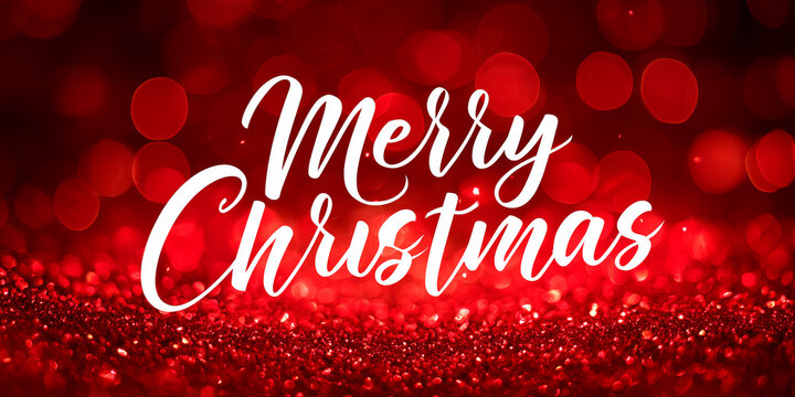 Merry Christmas Text Typography on Blurred Red Festive Background