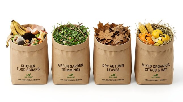 Assortment of fresh and dried food ingredients packed in four labeled kraft paper bags for healthy cooking