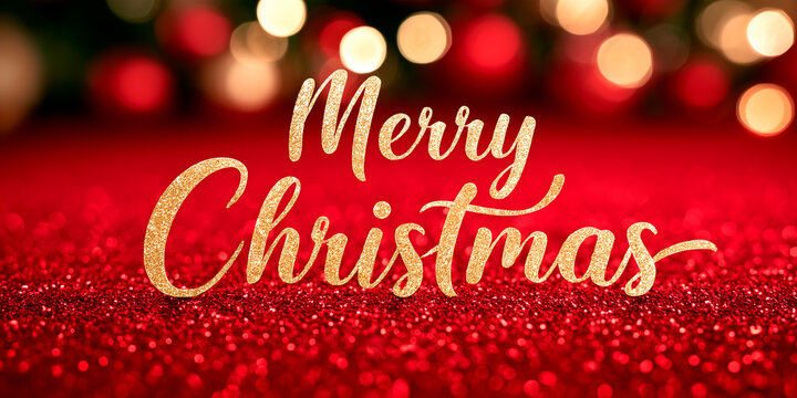 Merry Christmas Text Typography on Blurred Red Festive Background