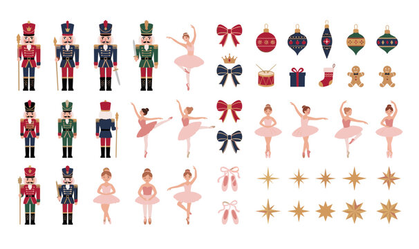Charming Nutcracker Ballet Graphic Vector Element Set with Traditional Toy Soldiers, Ballerina Dancers, Christmas Ornaments, Ribbons, Gingerbread Men, and Sparkling Festive Holiday Clipart