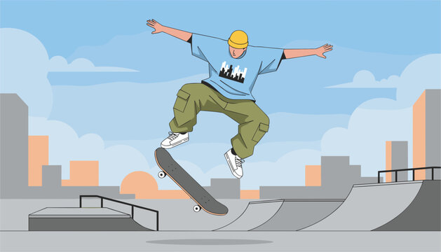 Talented young skateboarder performs an impressive mid air trick at a modern urban skatepark under a blue sky.