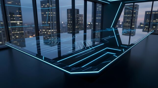 Futuristic glass conference table featuring glowing blue circuit board patterns displayed under bright soft ambient light in modern architectural space