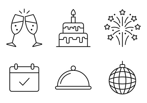 Party and Celebration Line Icon Set Isolated on White Background, Toasting Glasses, Birthday Cake, Fireworks, Disco Ball