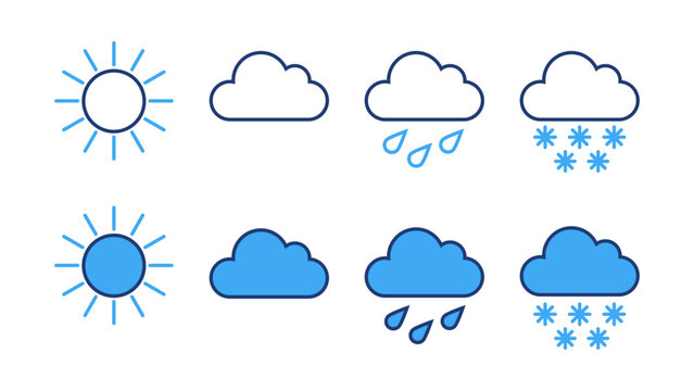 Weather Icons Vector Set, Sun, Cloud, Rain, Symbols in Outline and Solid Styles