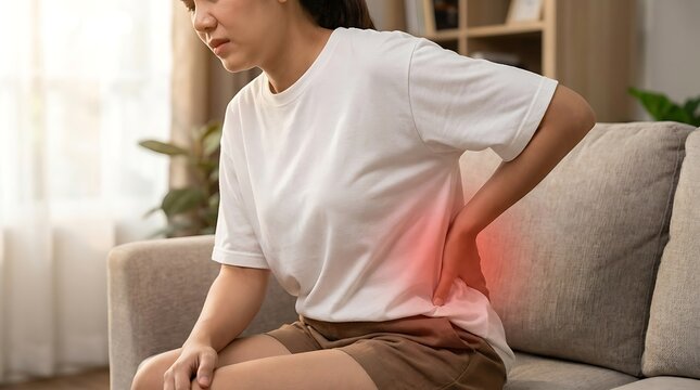 Young woman suffering from back pain while sitting on the sofa at home