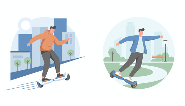 Two young men riding futuristic self-balancing hoverboards in the city street and in a public park.