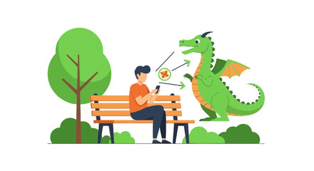 Fototapeta premium Man Sitting on Bench Using Smartphone with Augmented Reality Green Dragon, Flat Vector Illustration of AR Gaming and Digital Interaction Technology