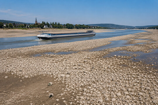 Frachtschiff auf dem Rhein bei extremem Niedrigwasser mit weitl&auml;ufigen freiliegenden Kiesb&auml;nken und ausgetrocknetem Flussbett. Symbolbild f&uuml;r D&uuml;rre, Wasserknappheit, Klimawandel sowie die Folgen niedr