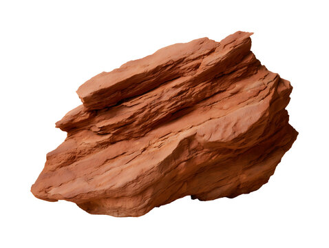 Red sandstone rock chunk with geological layers isolated on transparent or white background, png