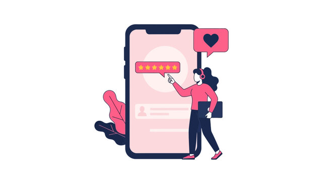 Woman Giving Five Star Rating and Positive Feedback on Smartphone Illustration - Customer Satisfaction and Online Review Concept