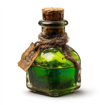 Antique green glass potion bottle featuring a rustic cork stopper and a weathered paper label tied with thick brown twine