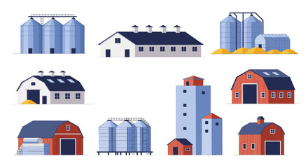 Fototapeta premium Set of red agricultural barns, metal grain storage silos, and rural warehouses in vector flat style.