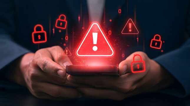 Cyber ​​attack warning on mobile device. Red warning message and cyber lock symbol on hand held smartphone. Mobile security breach, data hacking threat, malware or phishing attack on digital device.