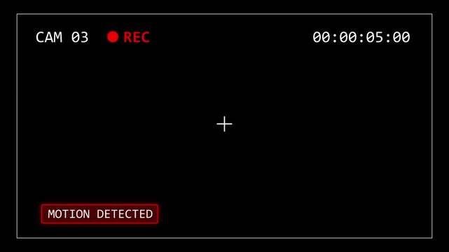 CCTV CAM 3 surveillance interface overlay with recording indicator, timecode, targeting crosshair and glowing motion detected alert for security videos.