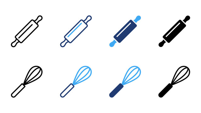 Kitchen Whisk and Basting Brush Vector Icon Set, Cooking Utensil in Outline and Solid Styles