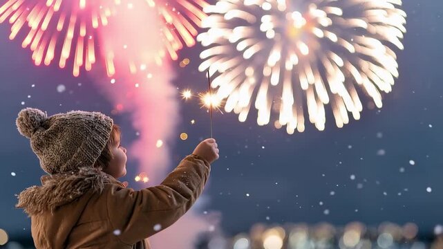 Child holding a sparkling sparkler while watching colorful fireworks in a snowy winter night, magical New Year celebration filled with wonder, joy and festive atmosphere