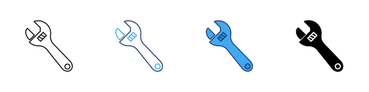 Wrench Vector Icon Set, Adjustable Spanner Tool in Outline and Solid Styles, Repair and Construction Equipment
