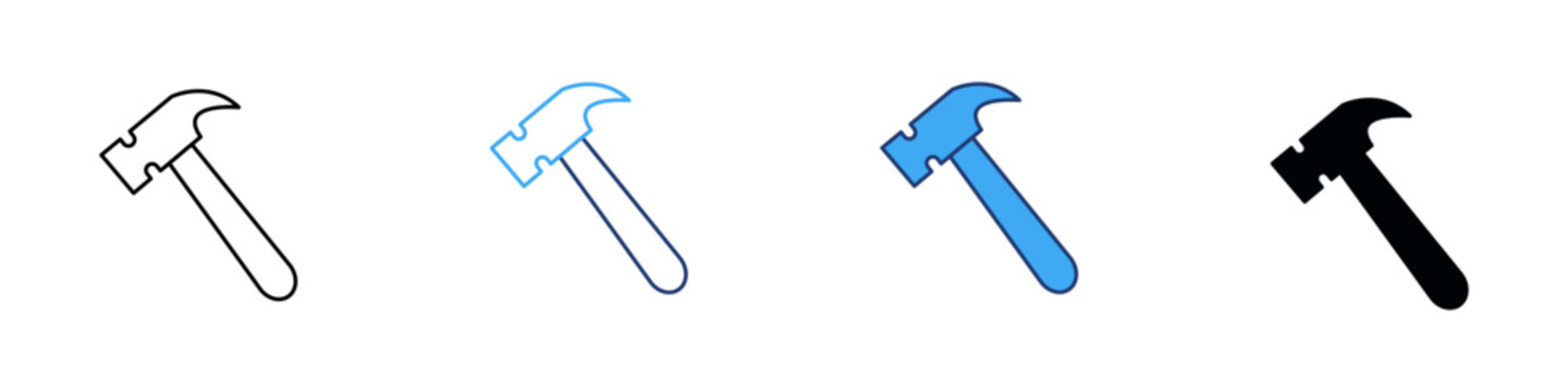 Hammer Vector Icon Set, Hand Tool Symbol in Outline and Solid Styles, Construction and Repair Equipment