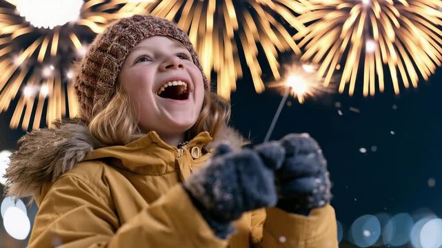 Child holding a sparkling sparkler while watching colorful fireworks in a snowy winter night, magical New Year celebration filled with wonder, joy and festive atmosphere