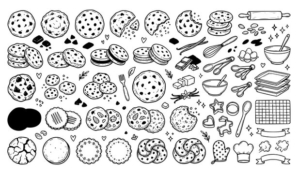 Hand Drawn Cookie and Baking Icon Set with Chocolate Chip Cookies Sandwich Biscuits and Bakery Tools Line Art Vector Illustration for Culinary Designs