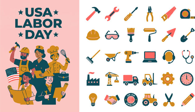 Workers and construction icons decorate a colorful flat vector poster celebrating USA Labor Day.