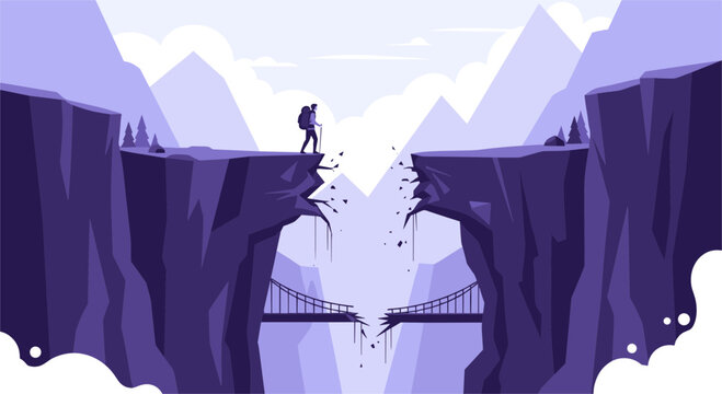 Silhouetted hiker standing on a cliff edge next to a broken bridge, facing a challenging mountain gap pathway.