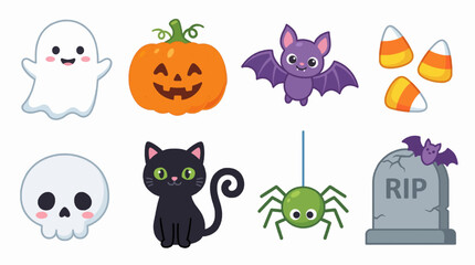 Naklejka premium Cute Flat Color Halloween Vector Illustration Collection – Spooky Ghost, Pumpkin, Bat, Skull, and Cat Stickers for Festive Holiday Decoration