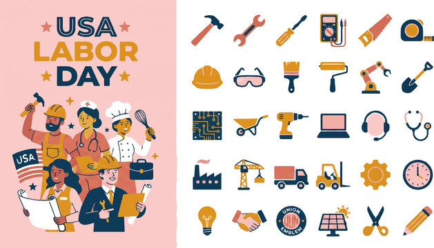 USA Labor Day icons set. Construction and profession vectors isolated on White Background