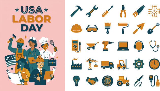 USA Labor Day icon set. Vector construction tools isolated on White Background