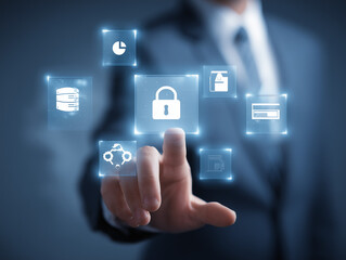 Obraz premium Businessman touching digital padlock for data security