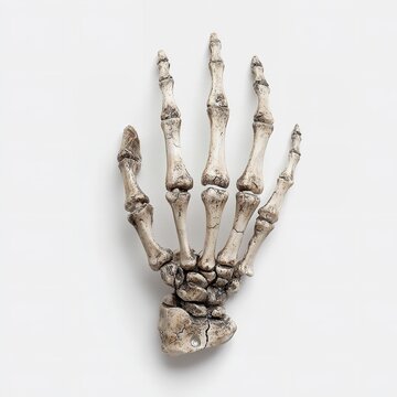 Human skeleton hand model showing detailed finger bones and wrist structure isolated against a clean simple solid white background surface