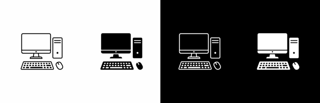 desktop computer setups with monitor keyboard mouse and tower on contrasting backgrounds