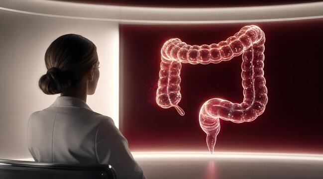 Digestive system, colon and doctor in medical office with hologram for healthcare, gastroenterology and internal organ study. Professional, intestine and screen with anatomy, medicine and high tech