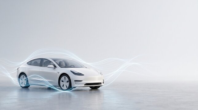 Modern White Electric Car with Futuristic Blue Energy Waves Flowing Around It