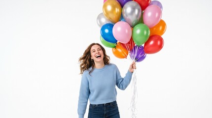 Obraz premium Joyful Young Woman Laughing Holding a Large Bunch of Colorful Balloons Against a White Background