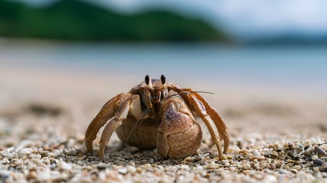 A hermit crab on a pebbly beach with blurred ocean and green hills in background under natural daylight