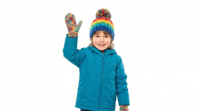 Joyful young child wearing a rainbow hat and mittens waves hello in a blue winter jacket
