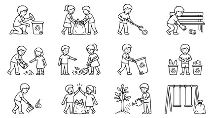 Obraz premium Children cleaning park, recycling, planting tree, playground, eco-friendly lifestyle