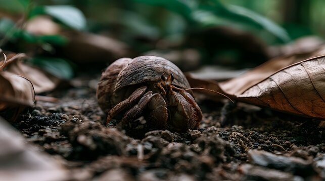 A hermit crab emerges from its shell on forest floor surrounded by fallen leaves and rich soil
