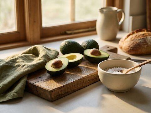 Fresh whole and sliced avacodo on a rustic wooden cutting board with sea salt and bread in a bright kitchen