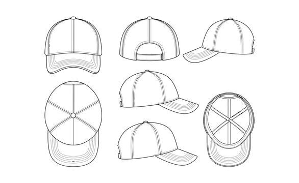 Baseball cap technical flat sketch, multiple view headwear template with crown seams, curved brim and back strap for fashion design, tech packs and production