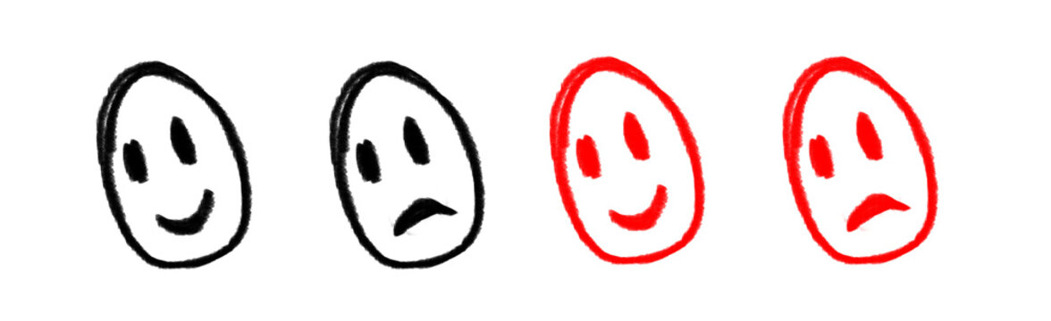 Four handdrawn oval faces with different expressions in black and red isolated on transparent background